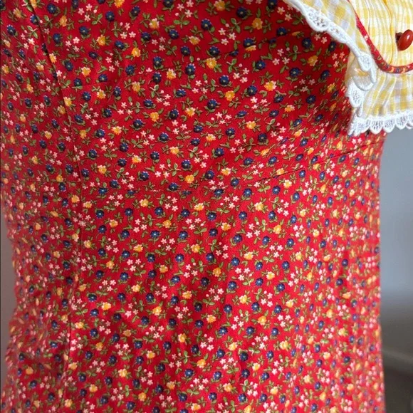 Lola Juniors 3 Vintage Ruffle Gingham Floral Red and Yellow Sleeveless Dress 70s - Picture 4 of 8